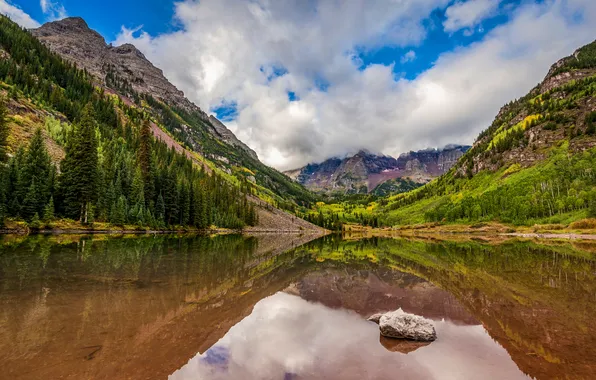 Облака, горы, озеро, США, Maroon Bells