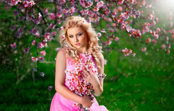 Весна, макияж, платье, губки, цветение, в розовом