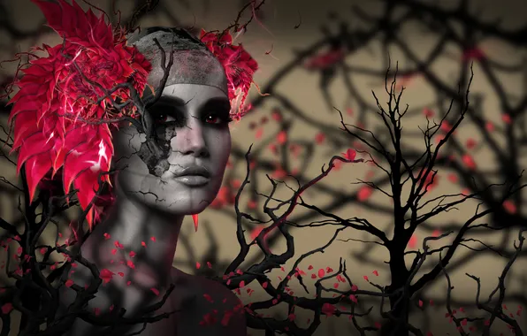 Картинка розы, Девушка, Красные глаза, ветки деревьев