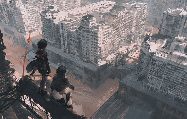 City, anime, fan art, anime art, anime style, homutan1, armed girl