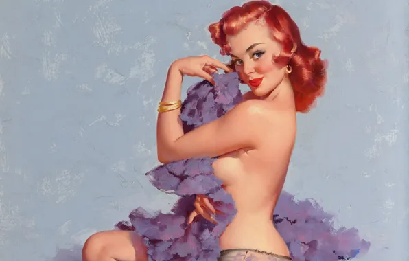 Взгляд, девушка, ретро, рисунок, рыжие волосы, Pin-up