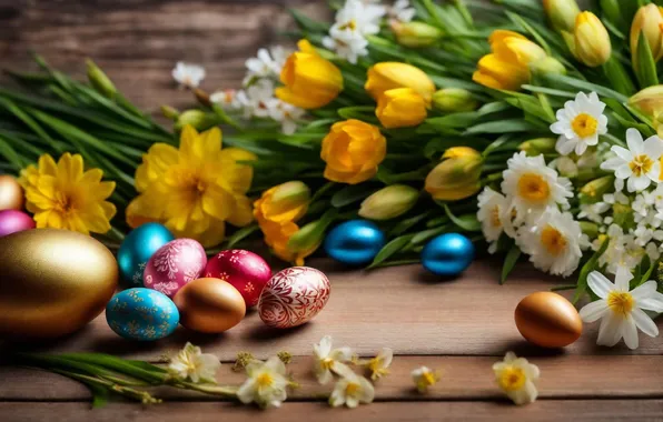 Картинка цветы, яйца, весна, colorful, Пасха, happy, flowers, spring