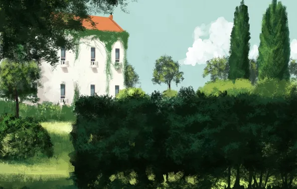 Картинка деревья, природа, дом, заросли, здание, арт