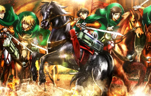 Картинка девушка, оружие, аниме, лошади, арт, парень, мечи, yuna