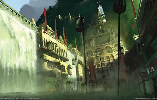 Картинка город, туман, здания, водопад, клетки, дымка, heavenly sword