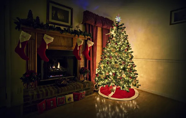 Фон, комната, огонь, праздник, обои, елка, новый год, рождество