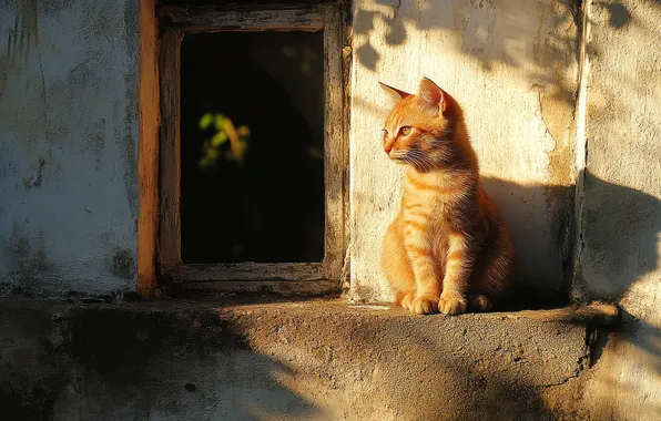 Кошка, взгляд, свет, поза, дом, котенок, окно, рыжий