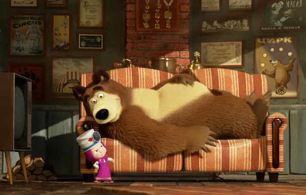 Картинка диван, мультфильм, телевизор, доктор, Маша и Медведь