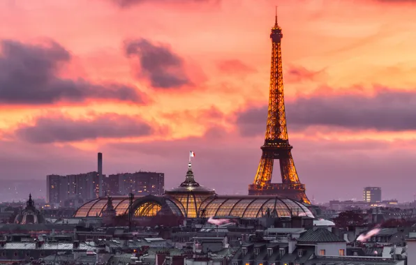 Огни, Франция, Париж, дома, вечер, панорама, зарево, Эйфелева башня