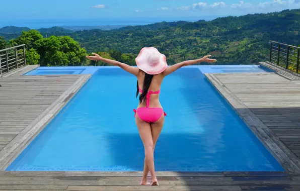 Girl, pool, landscape, hat, view, valley, beautiful girl, bikini
