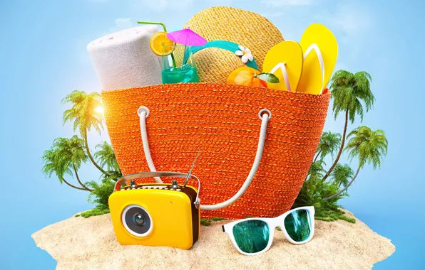 Лето, солнце, тропики, рисунок, шляпа, камера, очки, коктейль