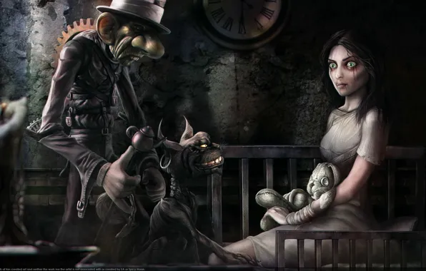 Кролик, Часы, Свеча, Алиса, Кровать, Alice, Madness, Чеширский Кот