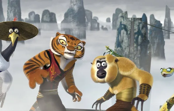 Картинка фон, змея, богомол, обезьяна, тигрица, журавль, неистовая пятёрка, Kung Fu Panda