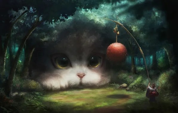 Girl, fantasy, game, forest, eyes, Cat, clear, animal