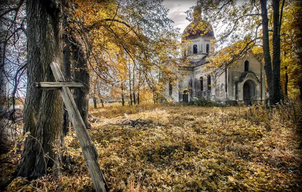 Картинка осень, крест, церковь