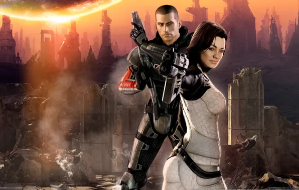 Картинка John Shepard, Miranda Lawson, Джон Шепард, BioWare, GameWallpapers, Mass Effect 2