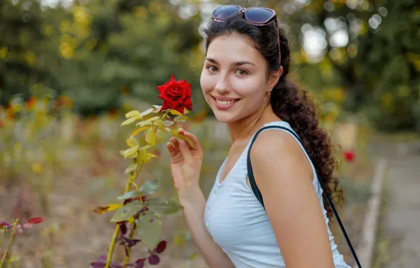 Long hair, red rose, model, brunette, gorgeous, photoshoot, posing, busty