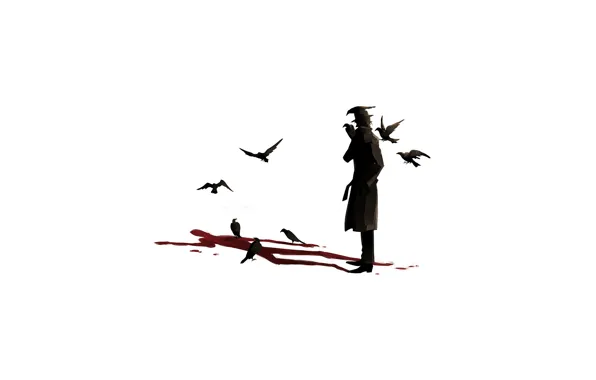 Картинка птицы, сюрреализм, кровь, тень, Мужчина, пальто
