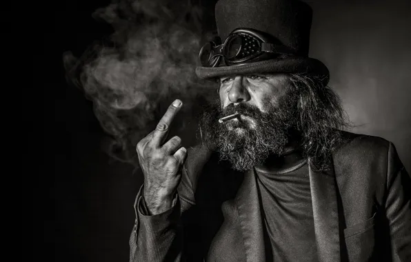 Фон, портрет, мужик, очки, сигарета, борода, жест, средний палец