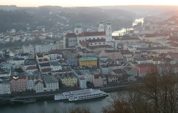 Река, корабль, Германия, Бавария, панорама, Дунай, Пассау, Инн