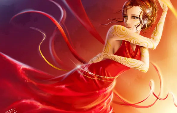 Картинка девушка, ленты, красное, узор, рисунок, танец, платье