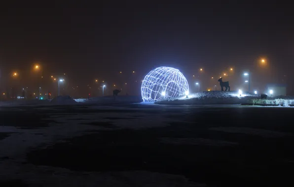 Снег, туман, шар, весна, утро, фонари, Россия, архитектура