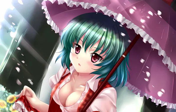 Girl, sexy, cleavage, rain, boobs, umbrella, anime, flowers