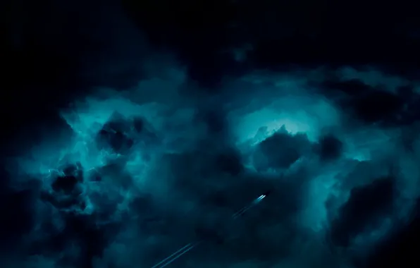 Облака, Полет, Истребитель, Тучи, Clouds, Арт, Art, Фантастика