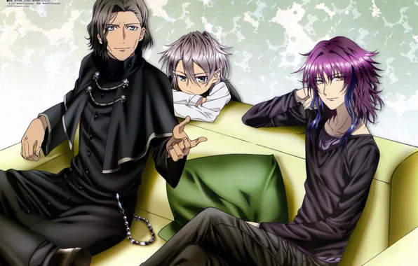 Диван, мальчик, подушка, трое, священник, tenkei iwafune, yukari mishakuji, k projeck