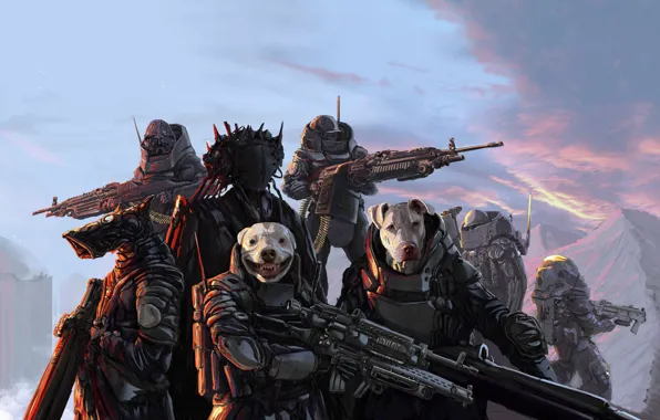 Dogs, Illustration, Hunters, Characters, Party, Science Fiction, Cyberpunk, Nahuel Gabriel Dimarco Bustos