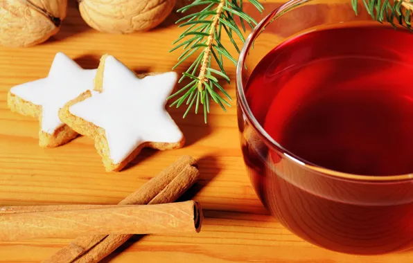 Фон, праздник, обои, чай, елка, новый год, печенье, кружка