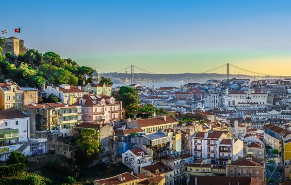 Небо, мост, река, рассвет, дома, крыши, Португалия, Lisbon