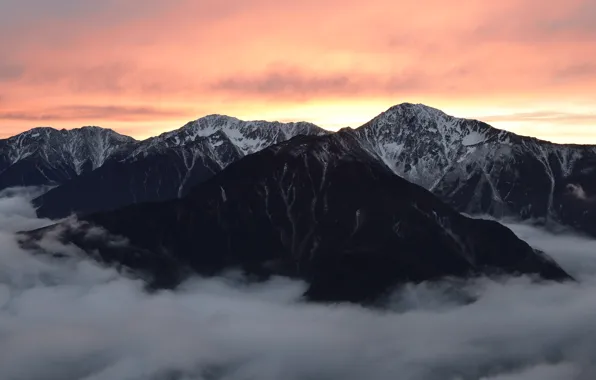 Картинка горы, природа, туман, небо, скалы, облака, закат