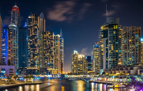 Картинка здания, дома, залив, Дубай, ночной город, Dubai, небоскрёбы, гавань