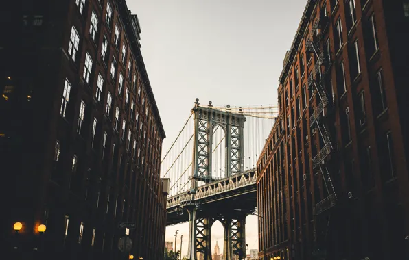 Мост, city, город, улица, дома, Нью-Йорк, вечер, Бруклин