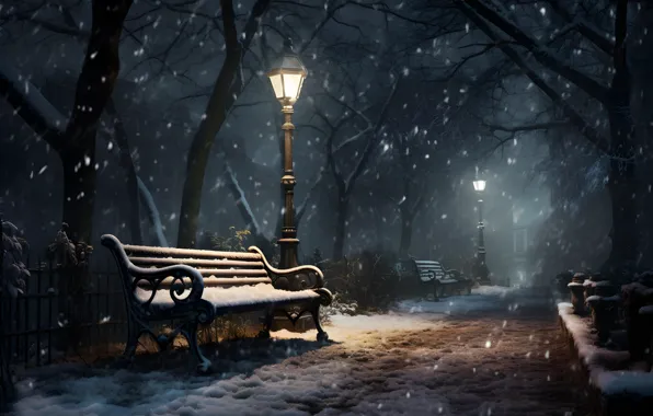 Зима, снег, деревья, скамейка, ночь, lights, парк, улица