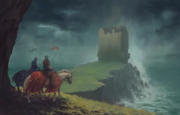 Картинка море, скала, замок, лошади, арт, непогода, всадники