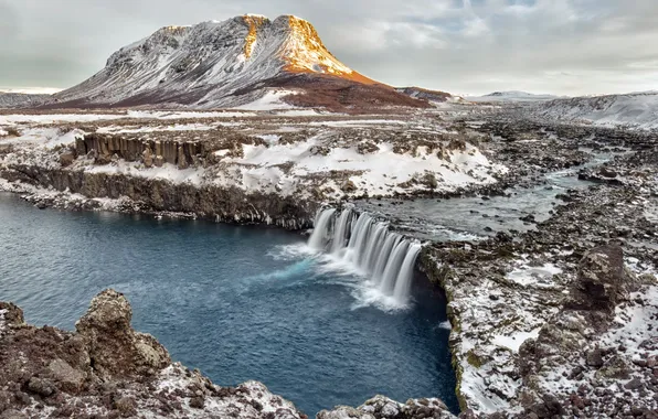 Winter, waterfall, Iceland, Merkurhraun, lava fields