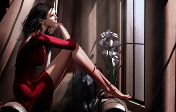 Картинка девушка, лицо, комната, красное, волосы, платье, окно, ножки