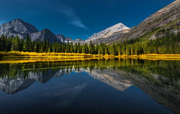 Осень, горы, озеро, отражение, синева, берег, склоны, вершины