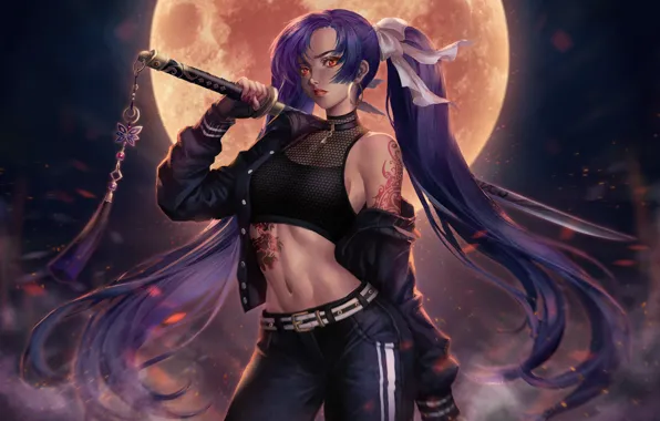 Девушка, Ночь, Рисунок, Луна, Стиль, Girl, Меч, Moon