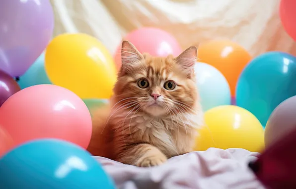 Кошка, взгляд, поза, воздушные шары, котенок, праздник, рыжий, ткань