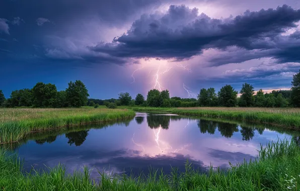 Картинка landscape, lightning, clouds, lake, meadow