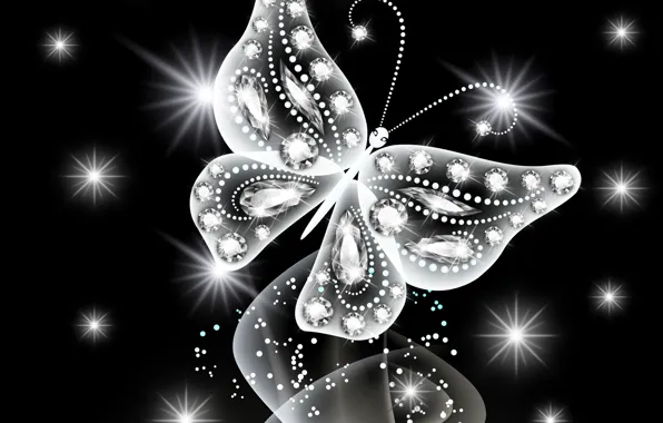 Картинка бабочка, abstract, white, butterfly, glow, neon, sparkle, diamonds