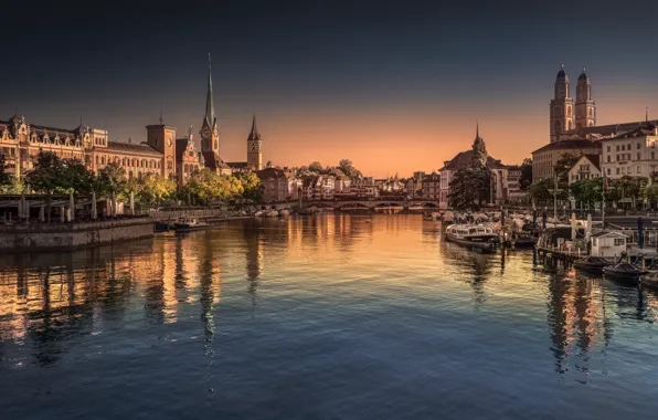 Картинка city, river, Switzerland, morning, boats, Zurich, town hall