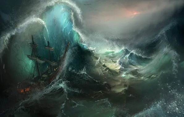 Море, волны, шторм, корабль, арт, Tysen Johnson, Stormy Seas