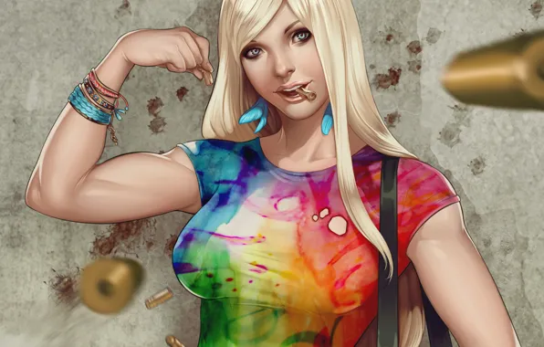 Картинка девушка, стена, серьги, перья, арт, футболка, блондинка, браслеты