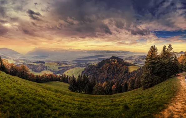 Картинка forest, sky, trees, landscape, autumn, mountains, view, valley