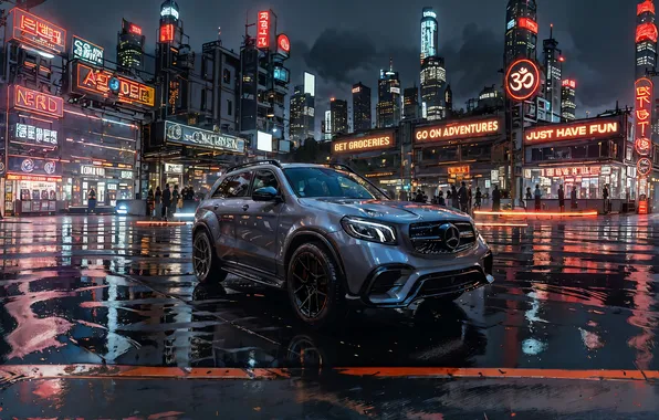 Картинка car, city, mercedes, night, crossover