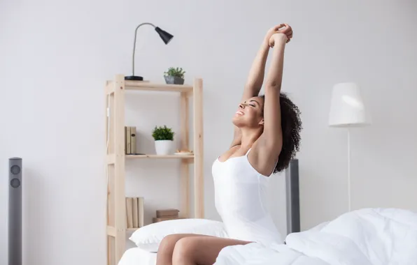 Woman, bed, elongation, new day, getting up